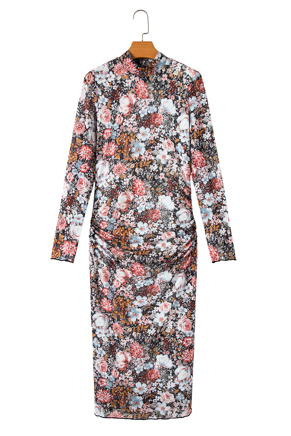Brown Floral Allover Print Mock Neck Bodycon Midi Dress