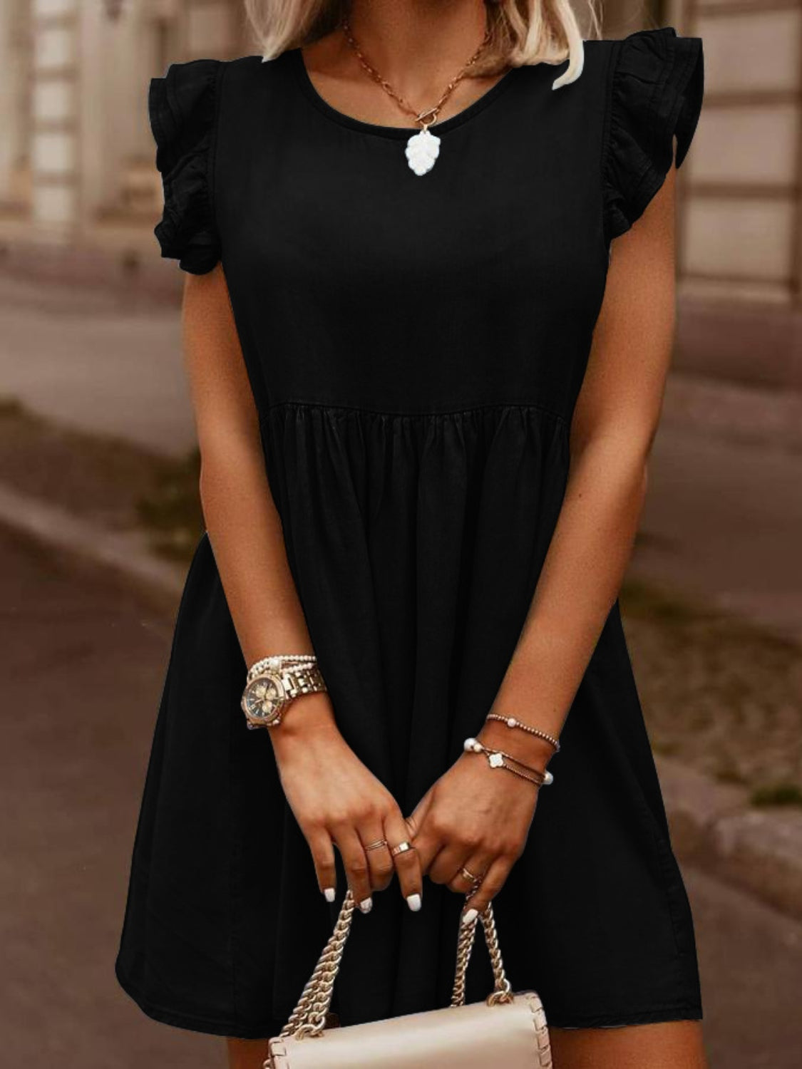 Ruffled Round Neck Cap Sleeve Denim Dress