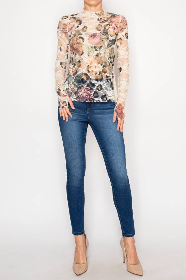 Sheer Flower Lace Mesh Long Sleeve Top