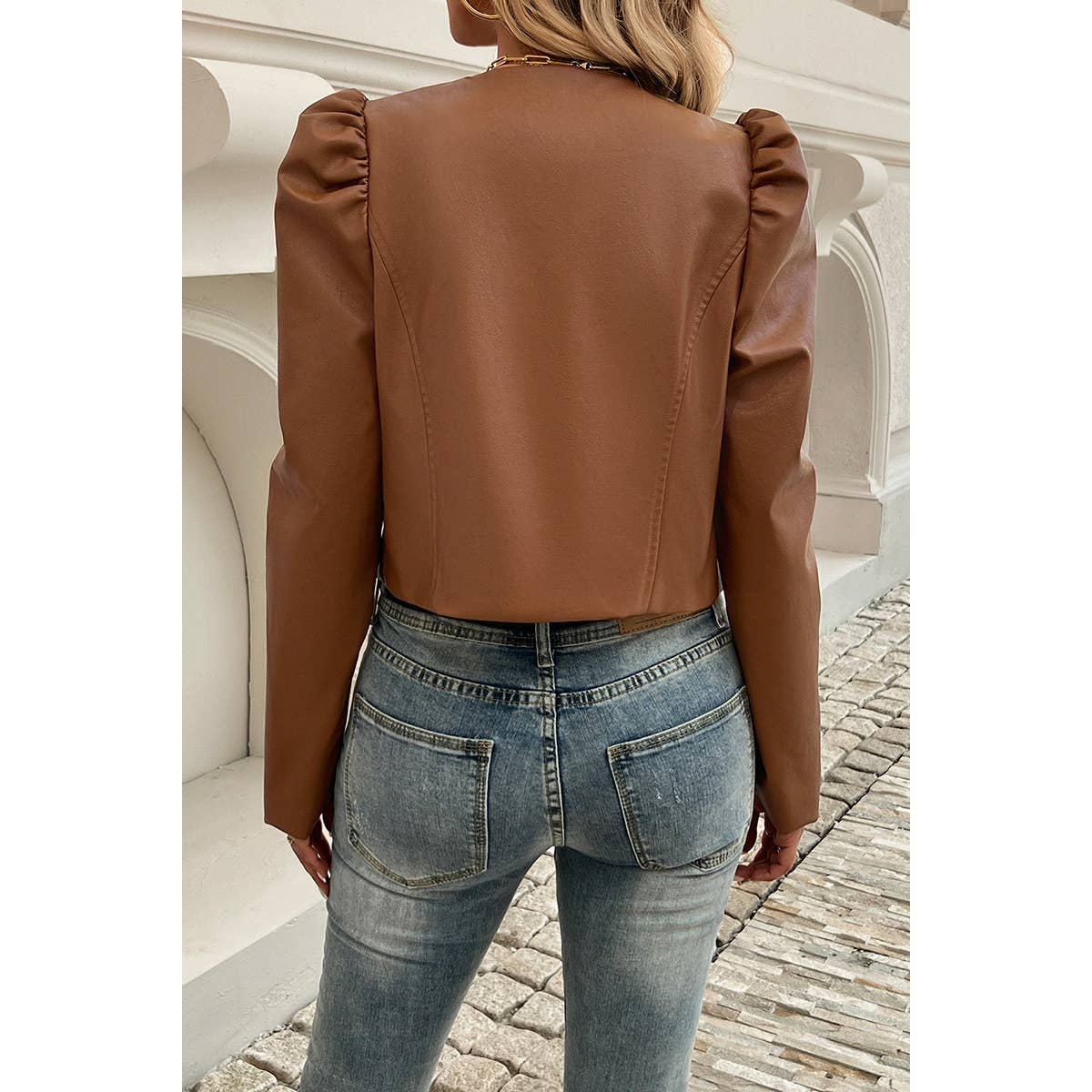 Solid Puff Sleeves Leather Cardigan Jacket