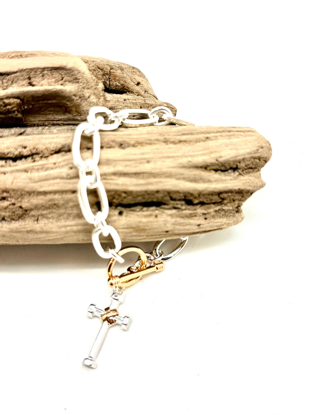 Bracelet Alloy Plated Silver Chain w/Gld Toggle, MM Cross