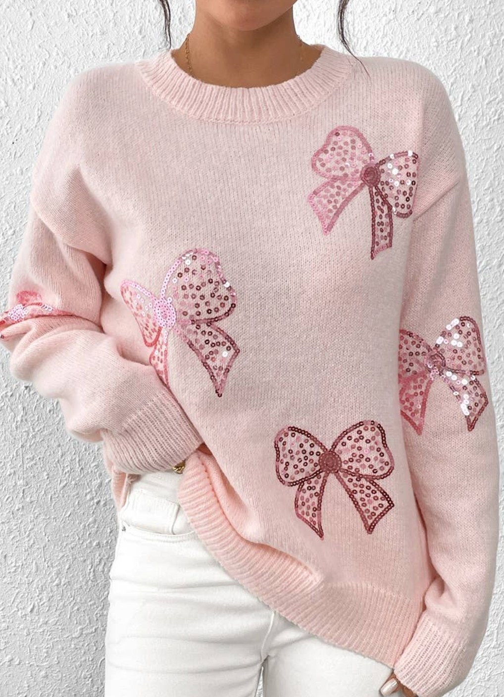 Knit Sequin Bow Round Neck Loose Fit Sweater