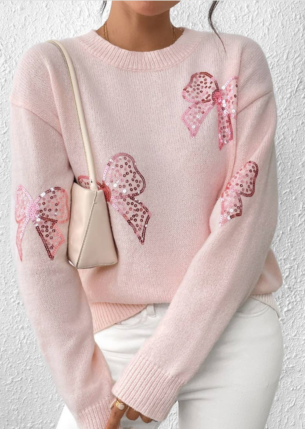 Knit Sequin Bow Round Neck Loose Fit Sweater