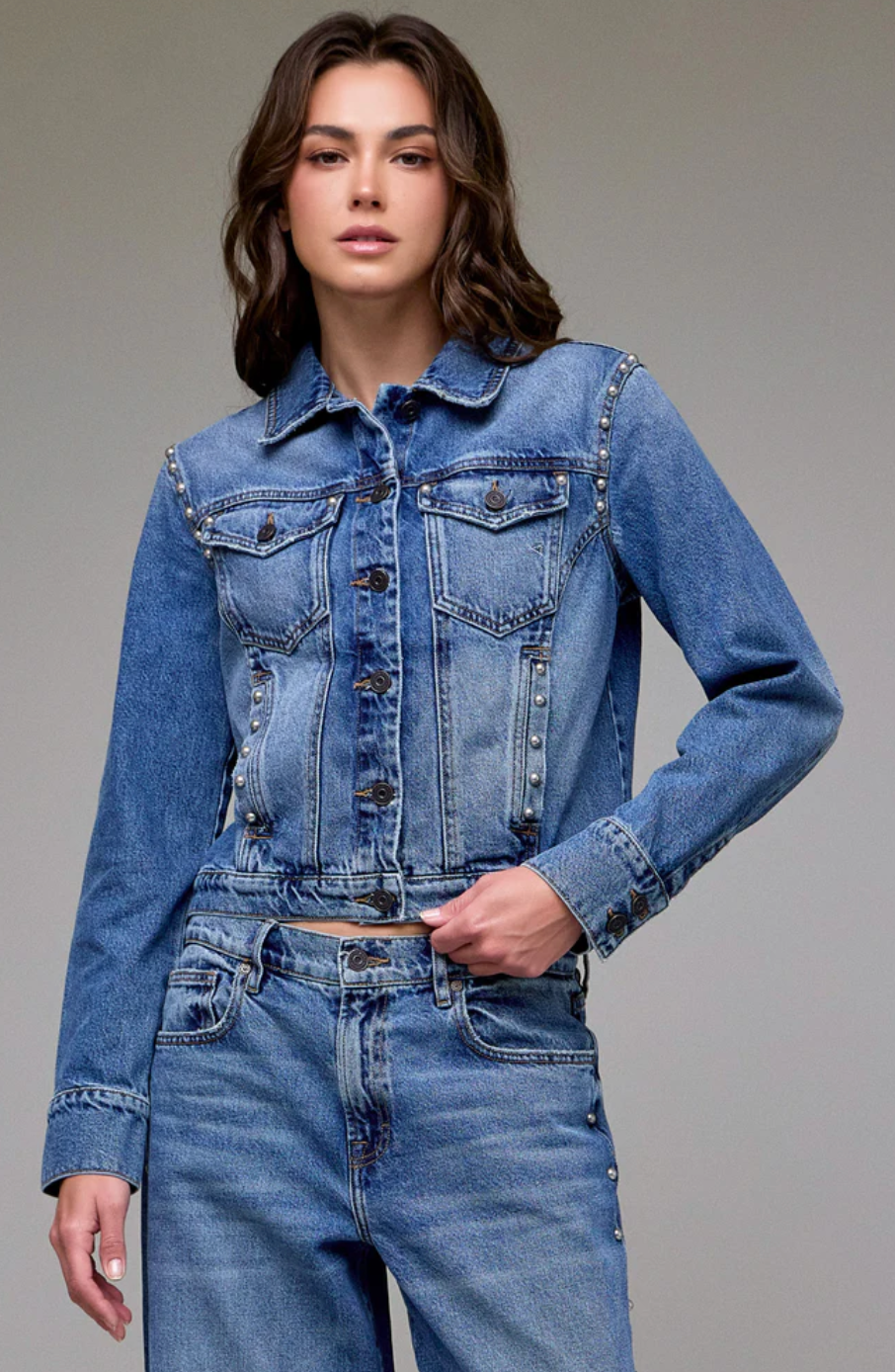 Medium Wash Pearl Embellished Fitted Trucker Jacket