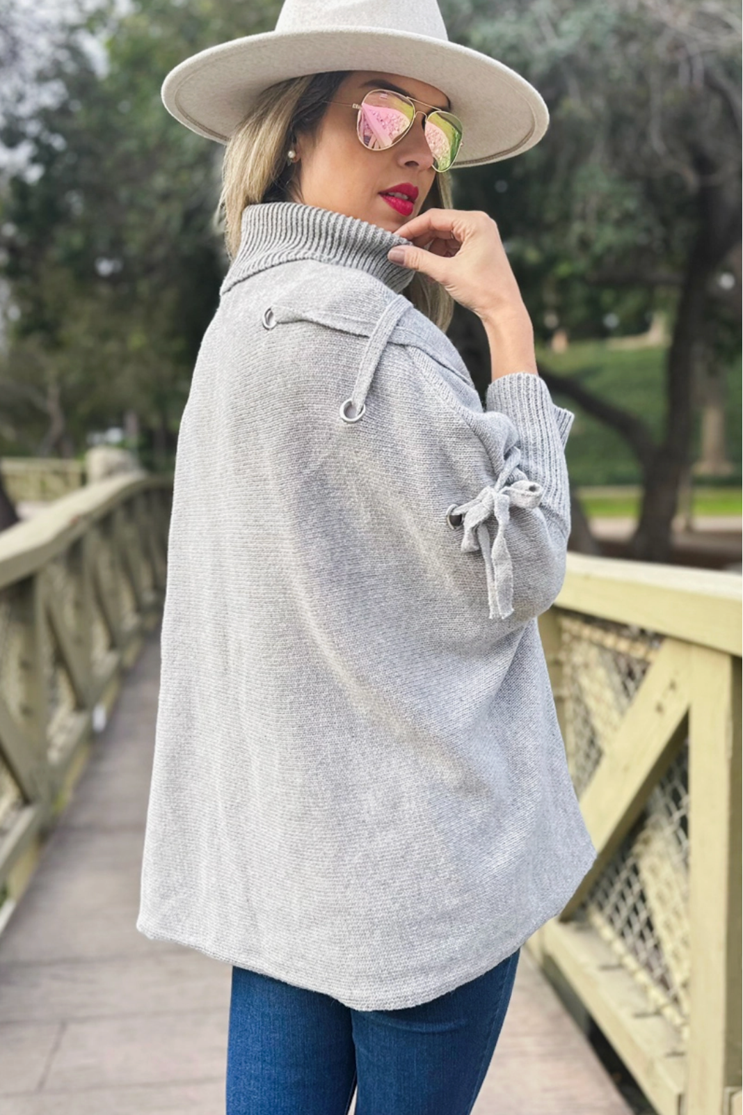 Lace-Up Sleeve Turtleneck Knitted Poncho Top
