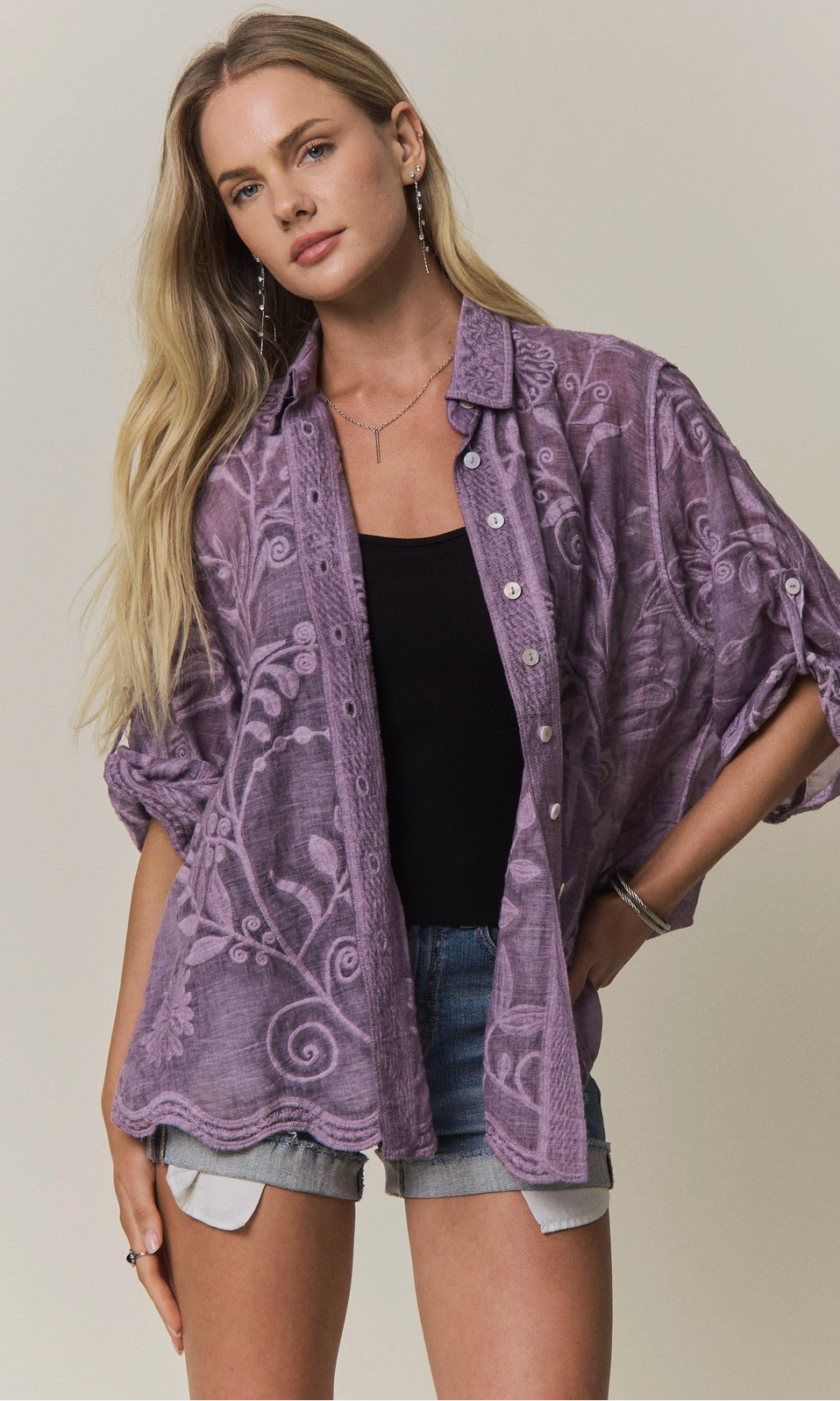 Boho Embroidered Button-Down Top