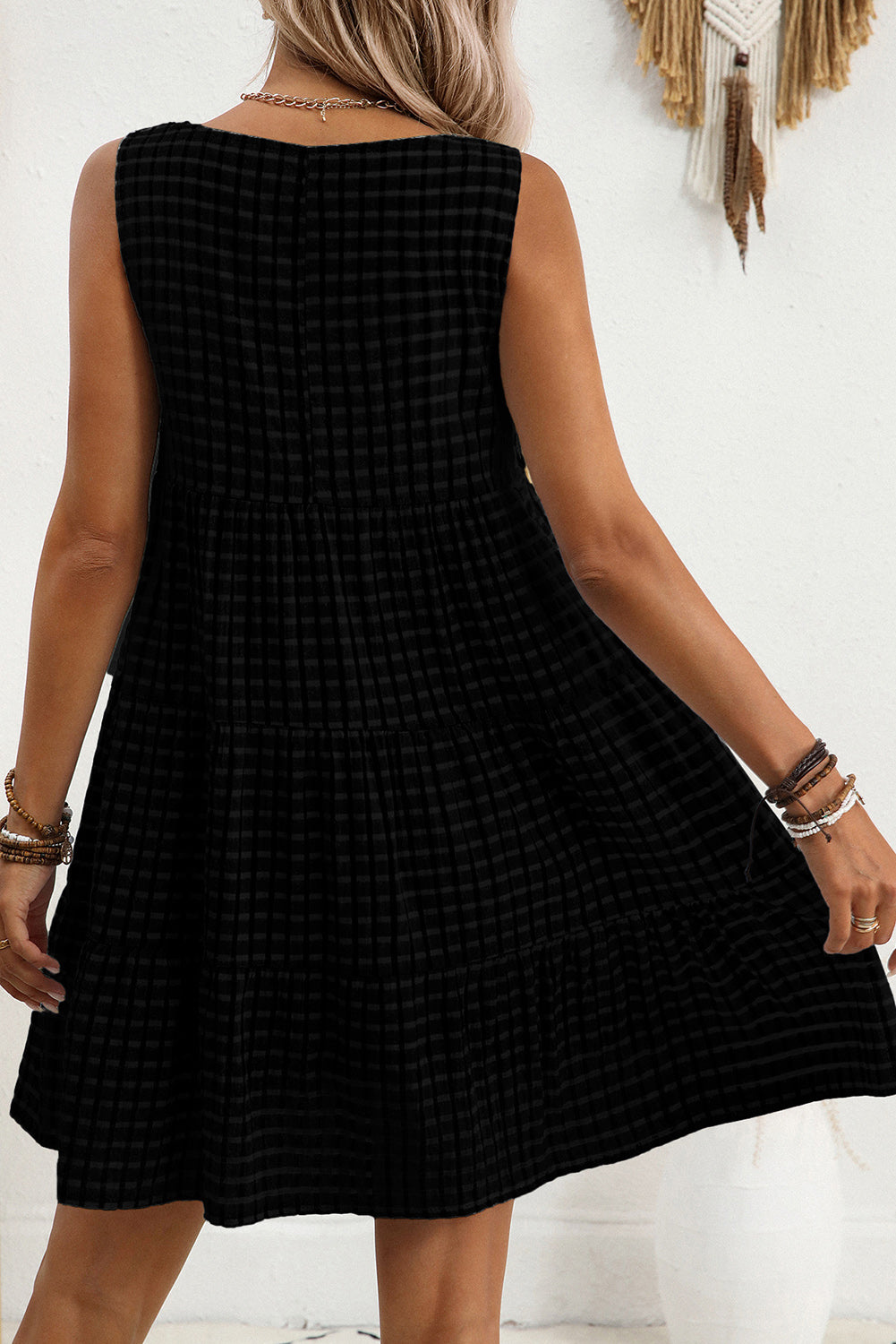 Pink Gingham High Waist Sleeveless Mini Dress