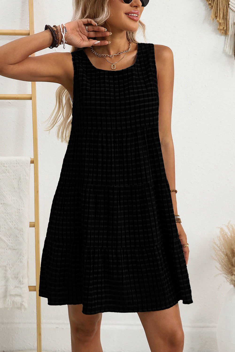 Pink Gingham High Waist Sleeveless Mini Dress