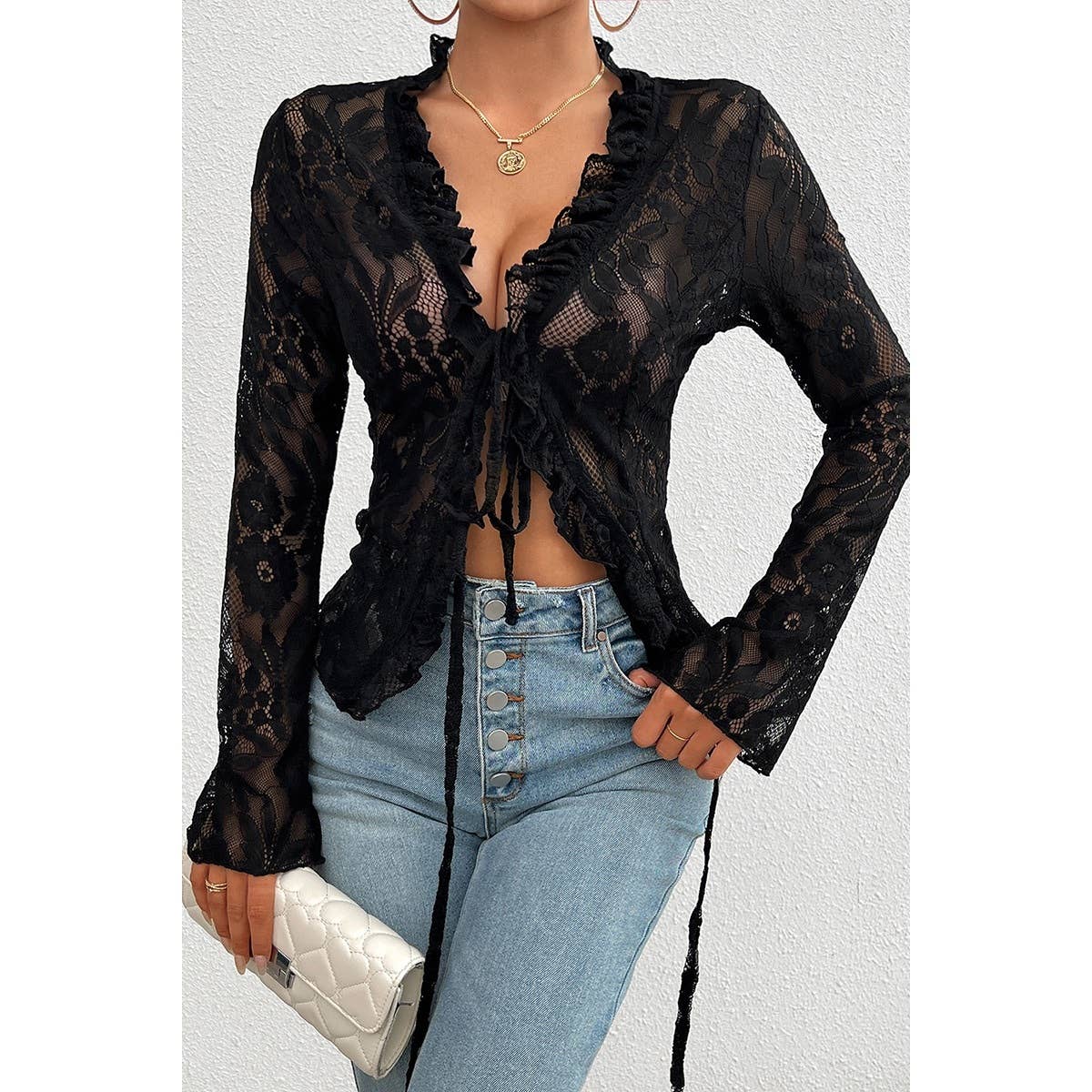Hollow Out Lace Solid Knot Wrap Ruffle Hem Top