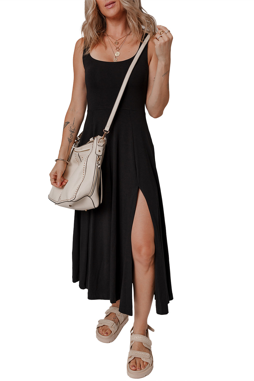 Sleeveless Scoop Neck Flared Split Midi Dress