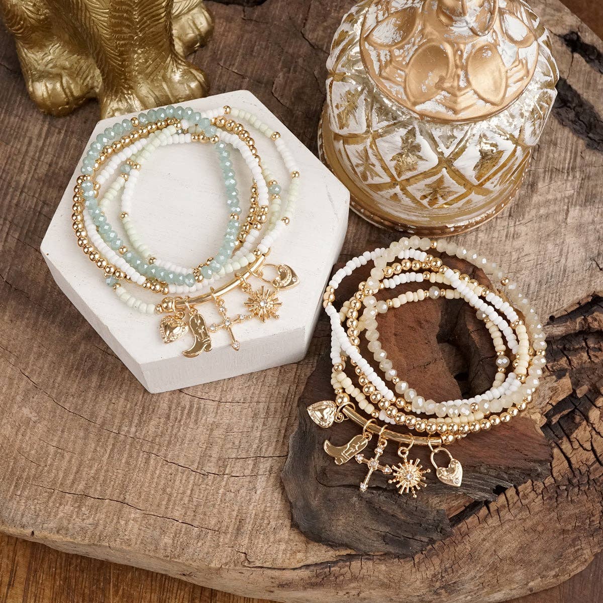 Charmed Whimsy – Set of 5 Mint & White Beaded Bracelets with Golden Charm Bar