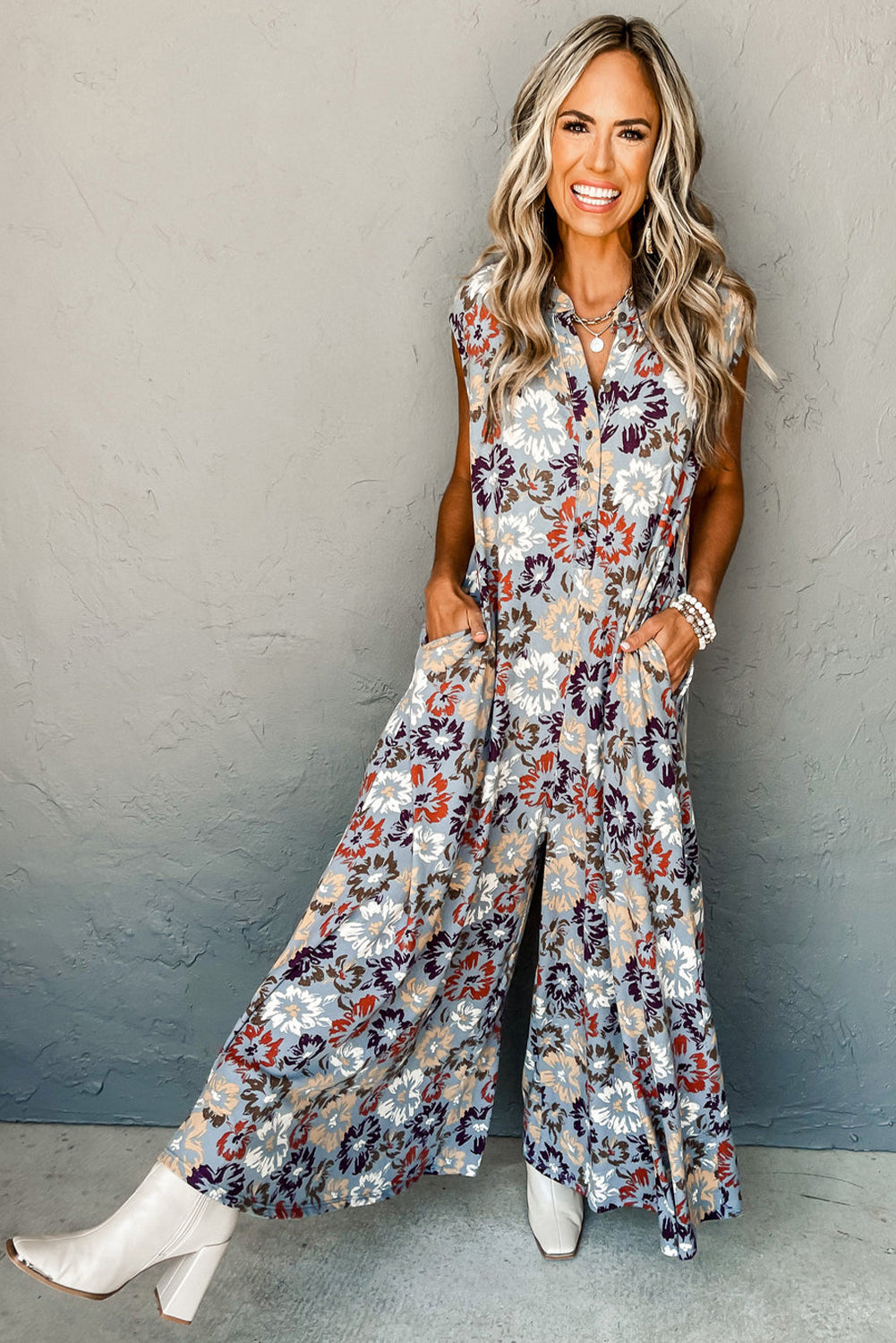 Floral Sleeveless Pocketed Wide Leg Jumpsuit