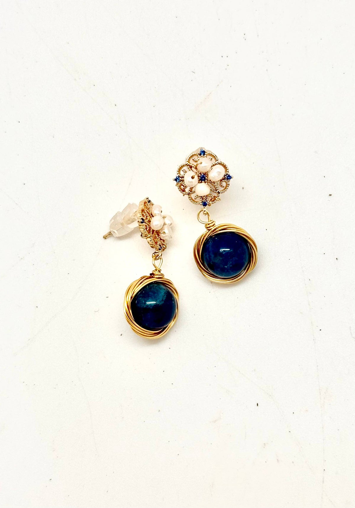 Earring Gold Filigree Freshwater Pearl w/Blue SemiPrecious