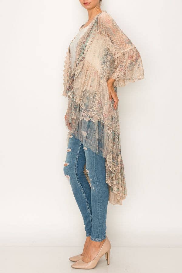 Ethereal Lace Tiered High-Low Kimono Cardigan - 4508 TAUPE/TURQ