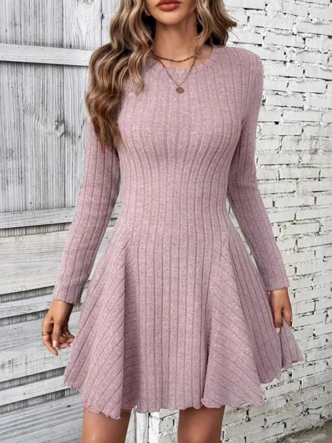 Dusty Pink Ribbed Round Neck Long Sleeve Mini Dress