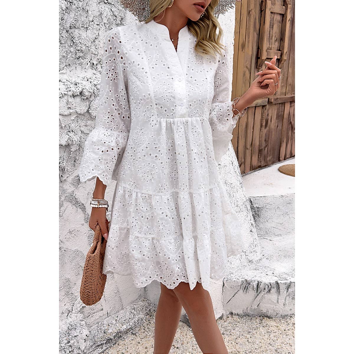 V Neck Button Flared Sleeves Hollow Out Lace Dress