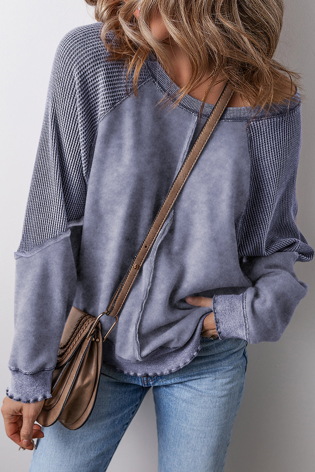 Orchid Petal Waffle Patchwork Raglan Sleeve Exposed Seam Sweatshirt