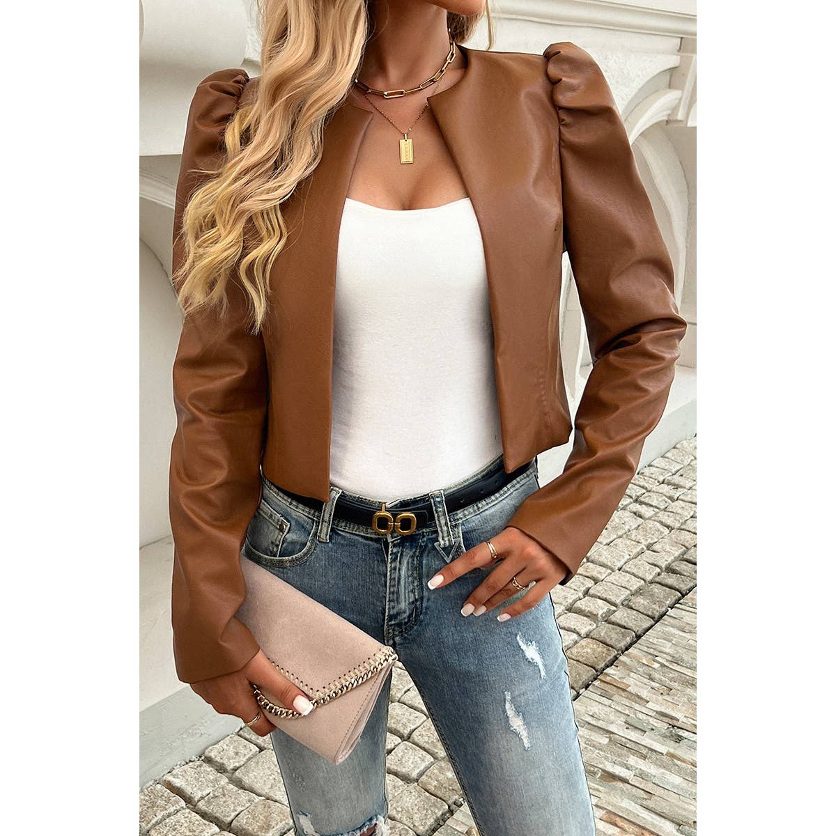 Solid Puff Sleeves Leather Cardigan Jacket