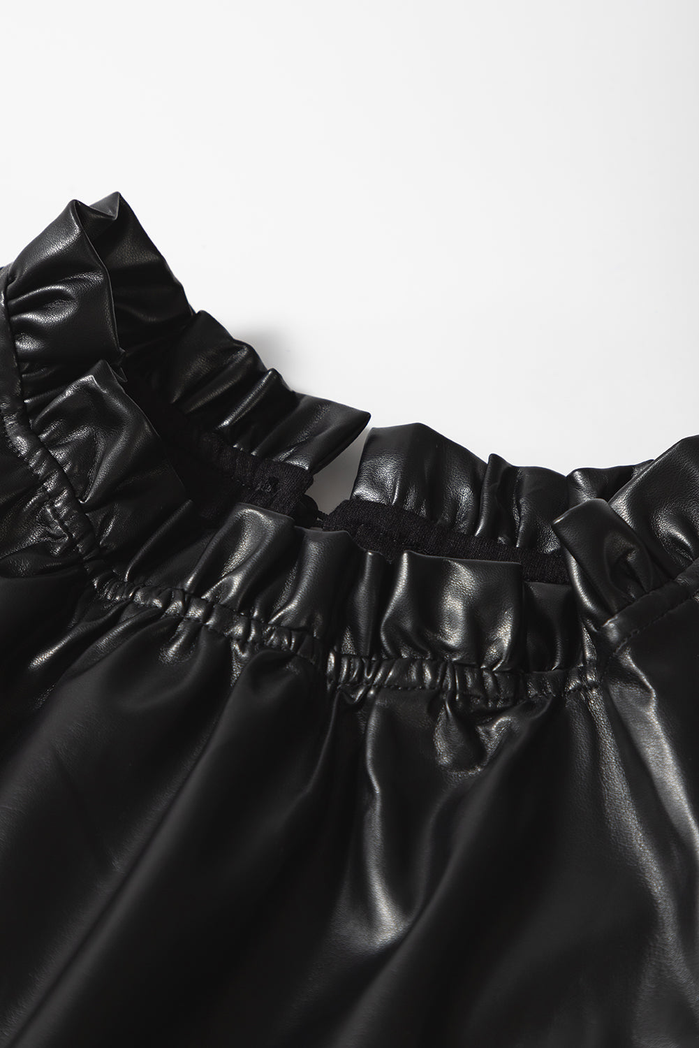 Solid Color Leather Frill Neck Ruffle Blouse