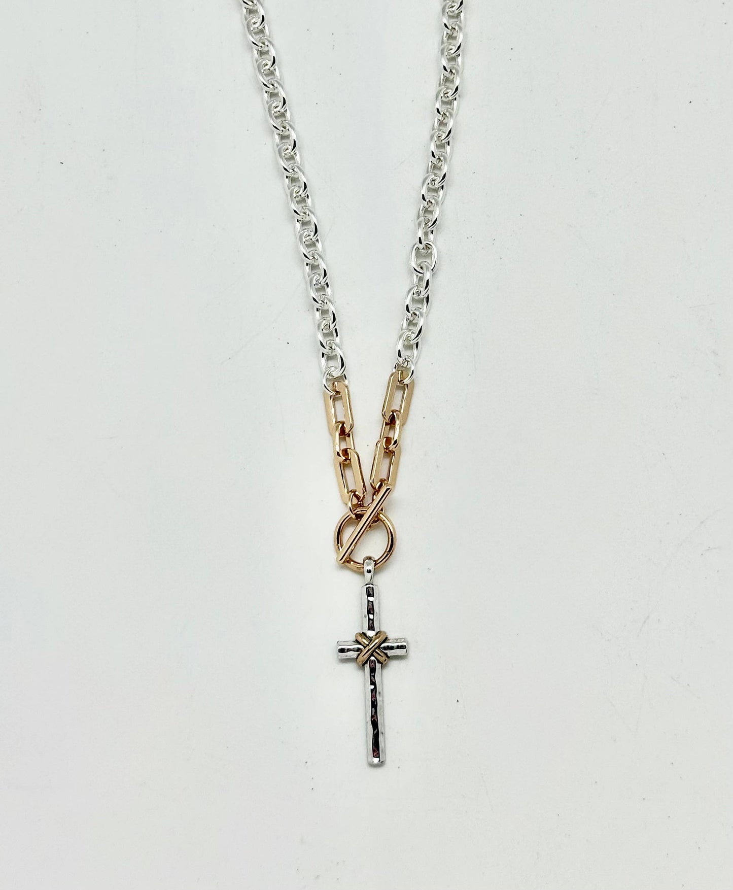 Necklace AlloyPlated Lg.Multi Metal Cross w/Gold Toggle 18”