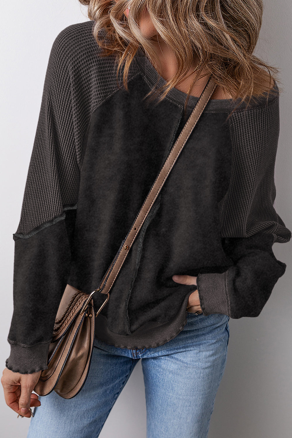 Orchid Petal Waffle Patchwork Raglan Sleeve Exposed Seam Sweatshirt