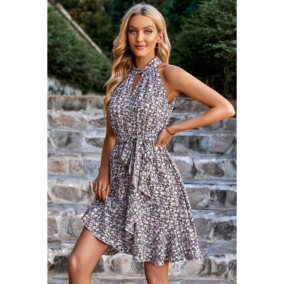 Floral Print Sleeveless Belt Cross Ruched Hem Dress