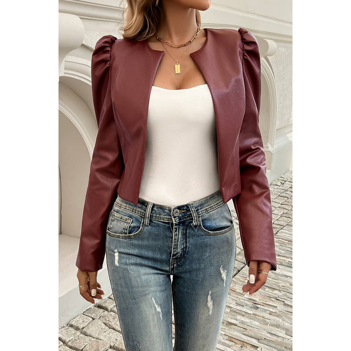 Solid Puff Sleeves Leather Cardigan Jacket