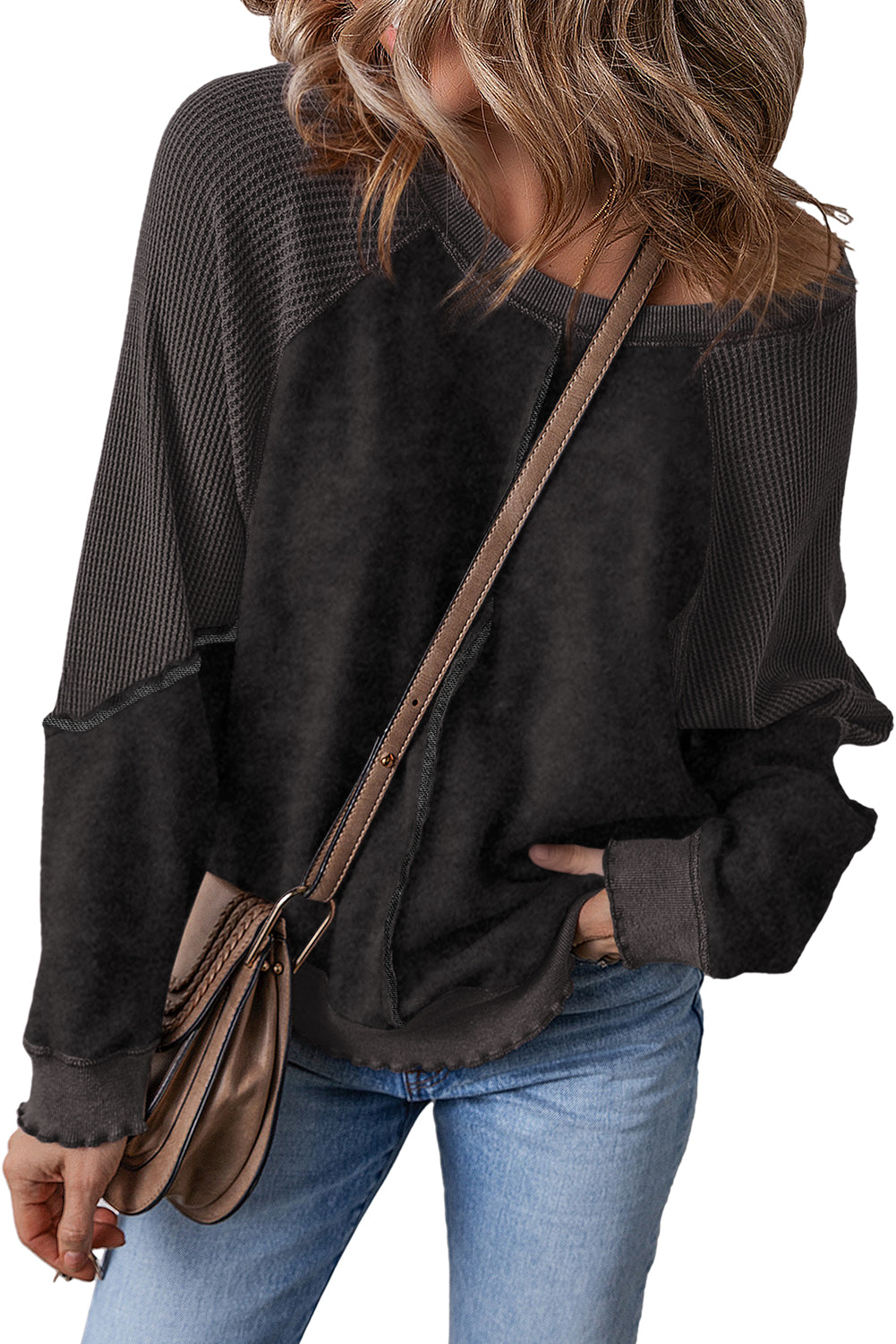 Orchid Petal Waffle Patchwork Raglan Sleeve Exposed Seam Sweatshirt