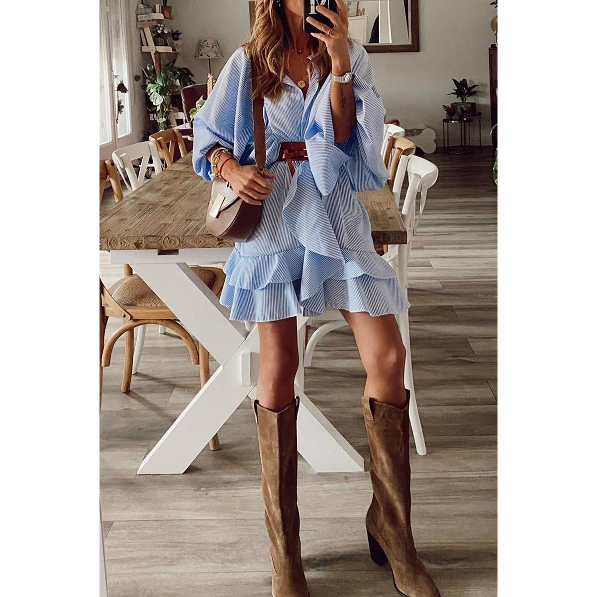 Strip Ruffle Hem Bat Sleeves Button Dress