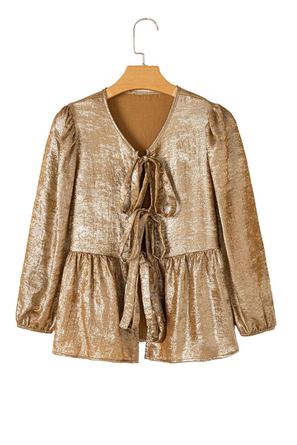 Gold Solid Color Bowknot Front Puff Sleeve Blouse