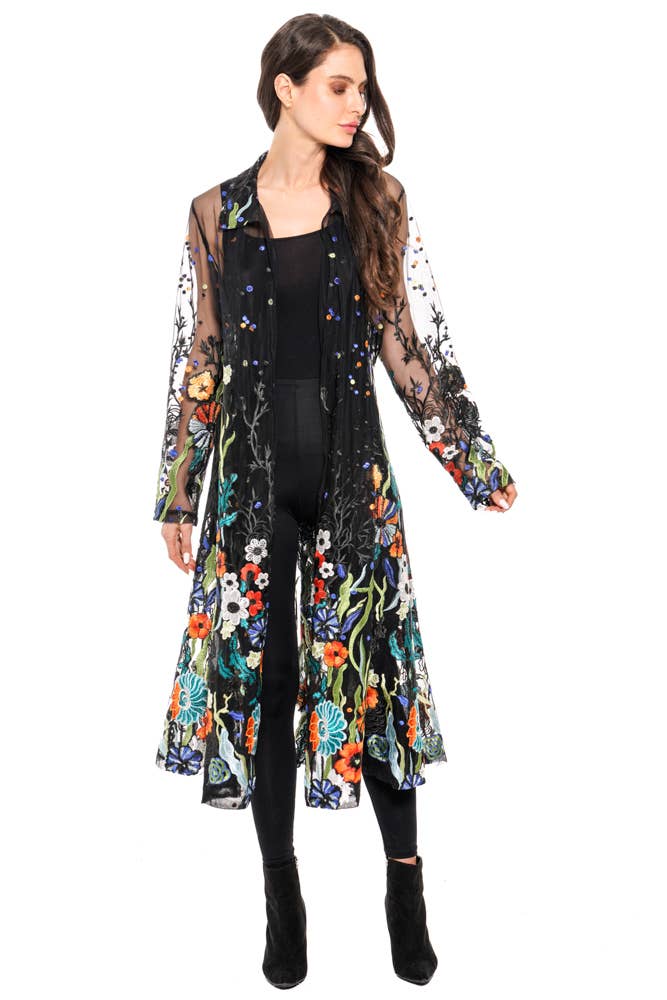 Black Embroidered Sheer Duster