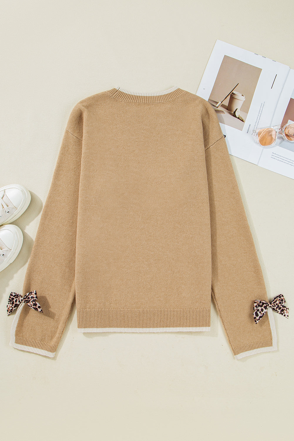 Tan Leopard Bow Decor Split Cuffs Contrast Trim Sweater
