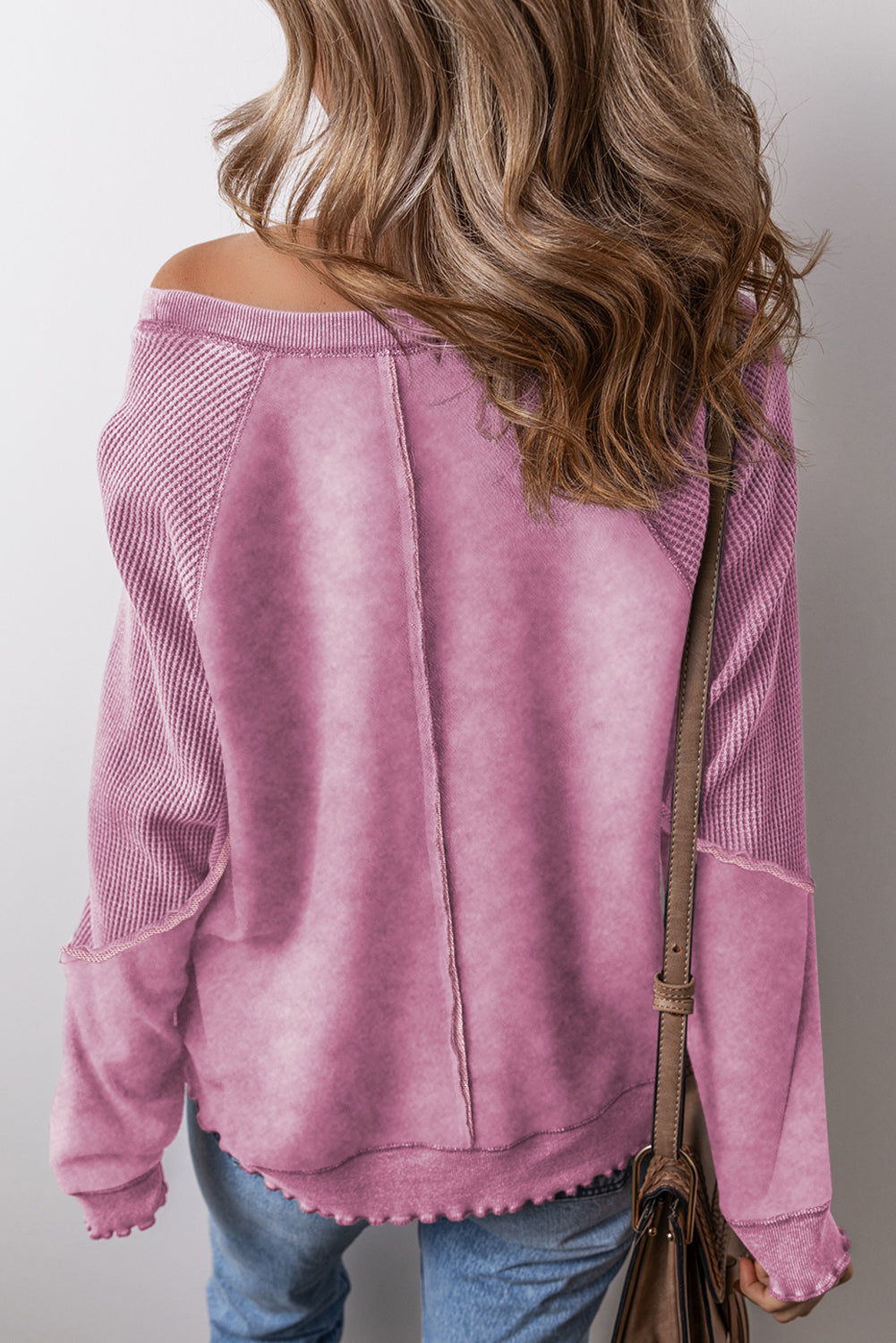 Orchid Petal Waffle Patchwork Raglan Sleeve Exposed Seam Sweatshirt