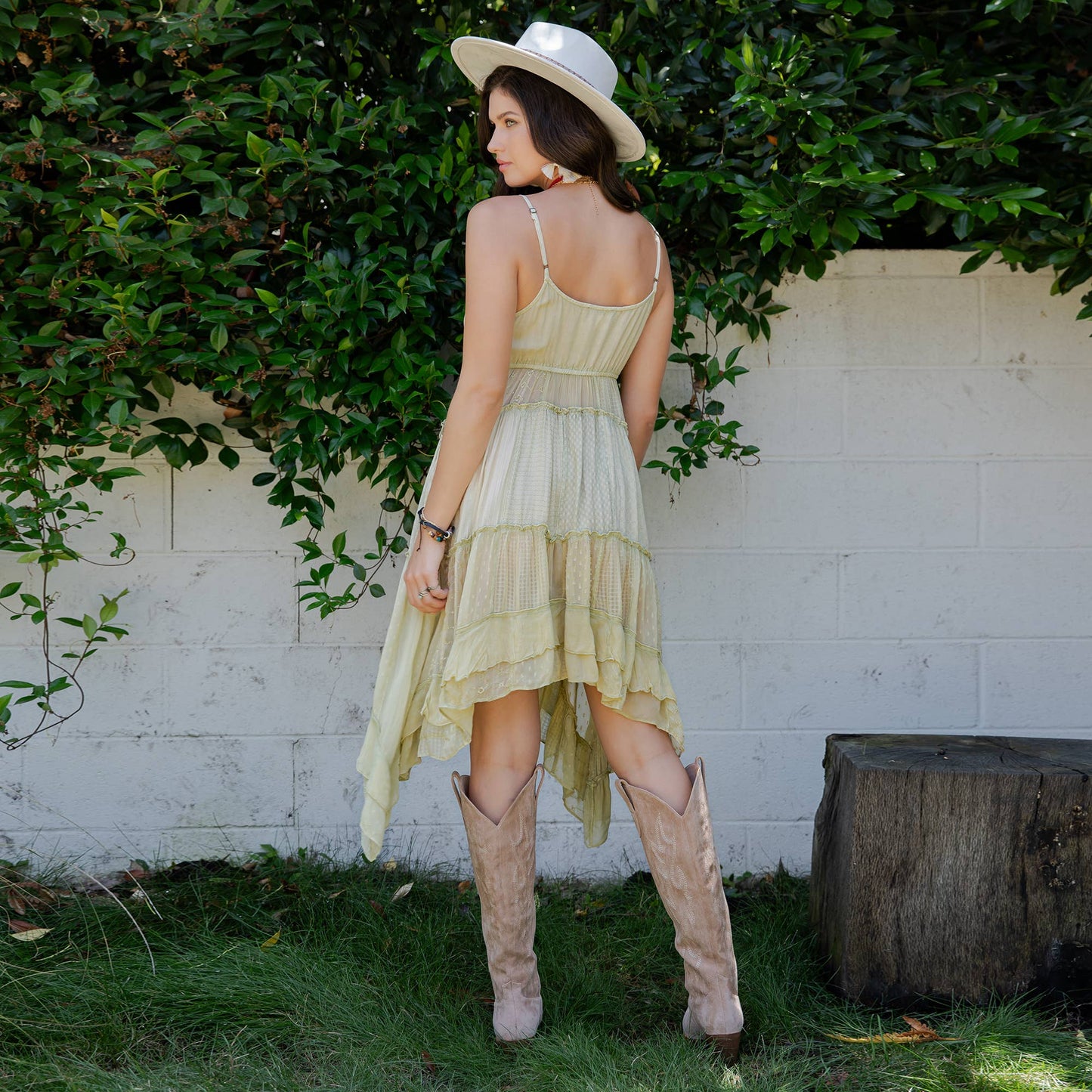 Boho Midi Dress with Ruched Bodice & Asymmetric Tiers