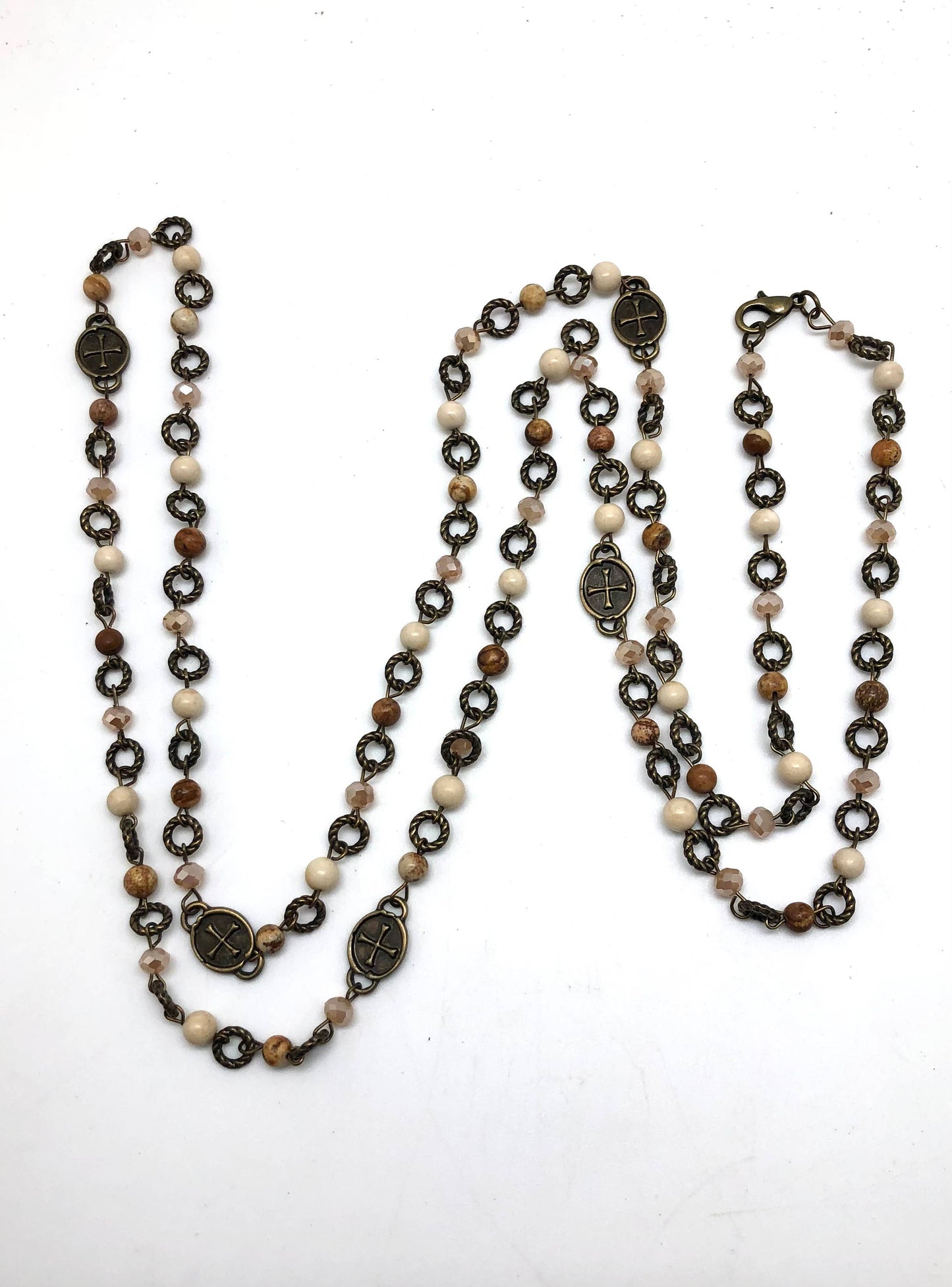 Necklace Antique Chain Picture Jasper(6mm) w/Asst. Cross 48”