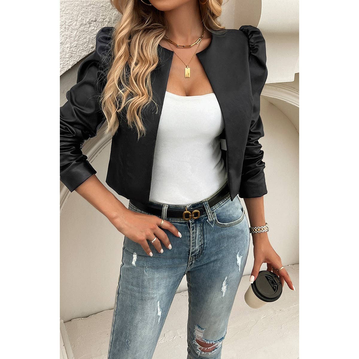 Solid Puff Sleeves Leather Cardigan Jacket