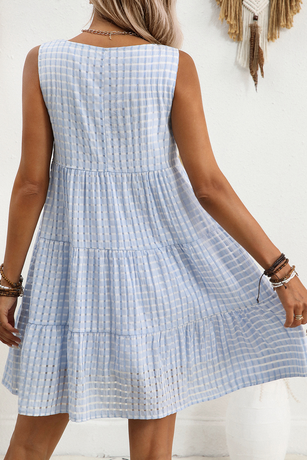 Pink Gingham High Waist Sleeveless Mini Dress