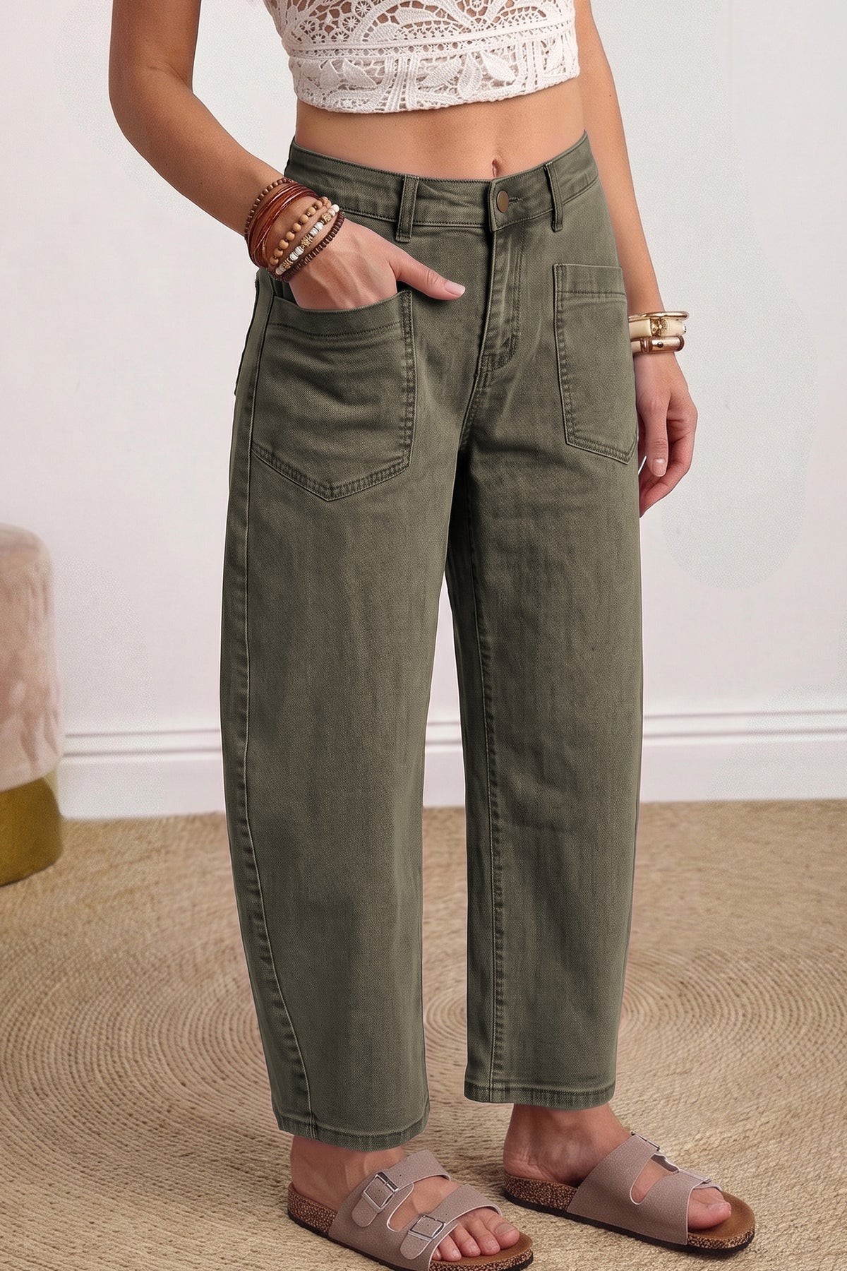 Beau Blue Solid Color Square Patch Pocket Ankle-length Barrel Jeans