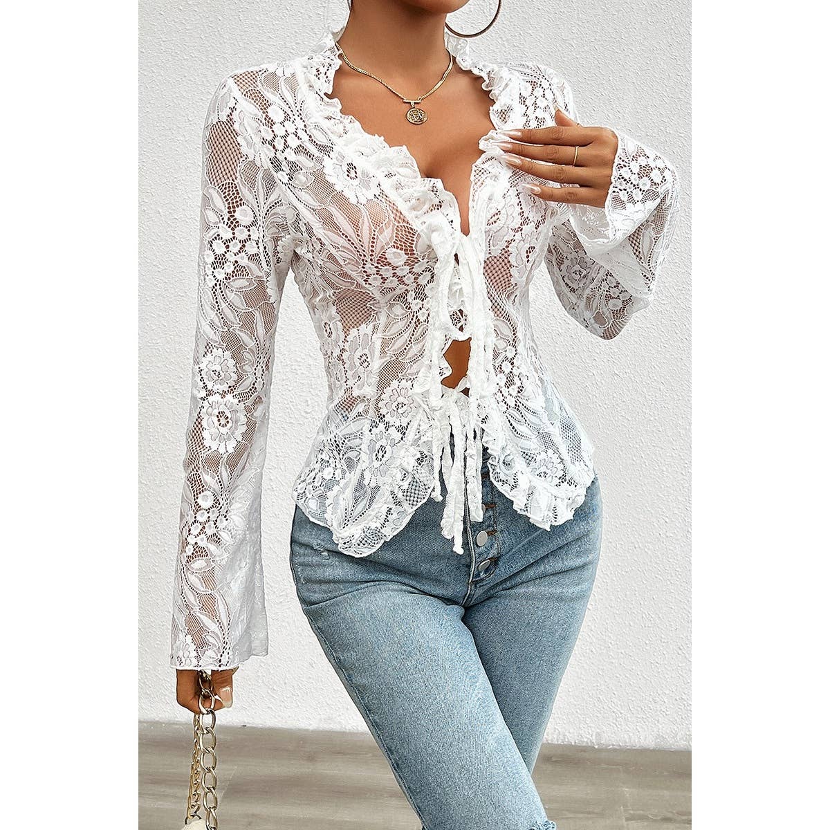 Hollow Out Lace Solid Knot Wrap Ruffle Hem Top