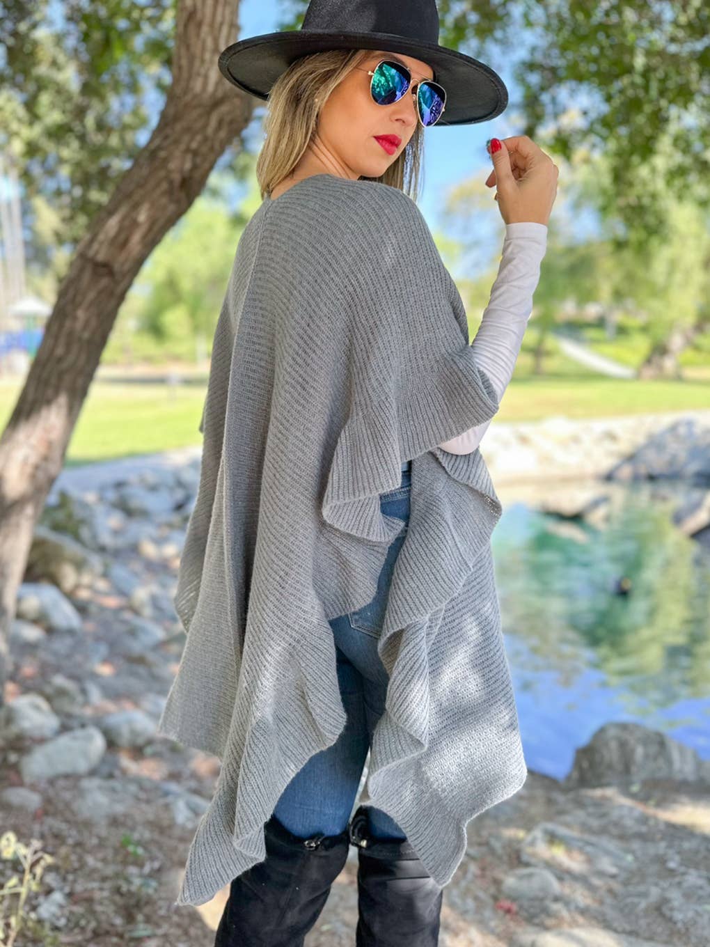 Soft Grey Ruffle Detail Open Front Lightweight Ruana Shawl