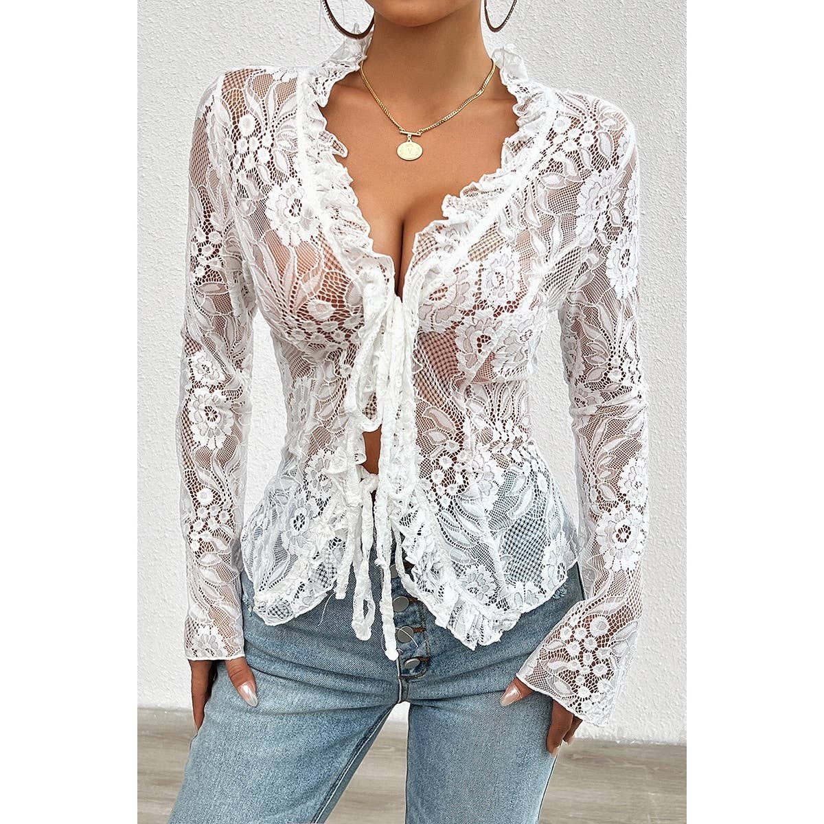 Hollow Out Lace Solid Knot Wrap Ruffle Hem Top