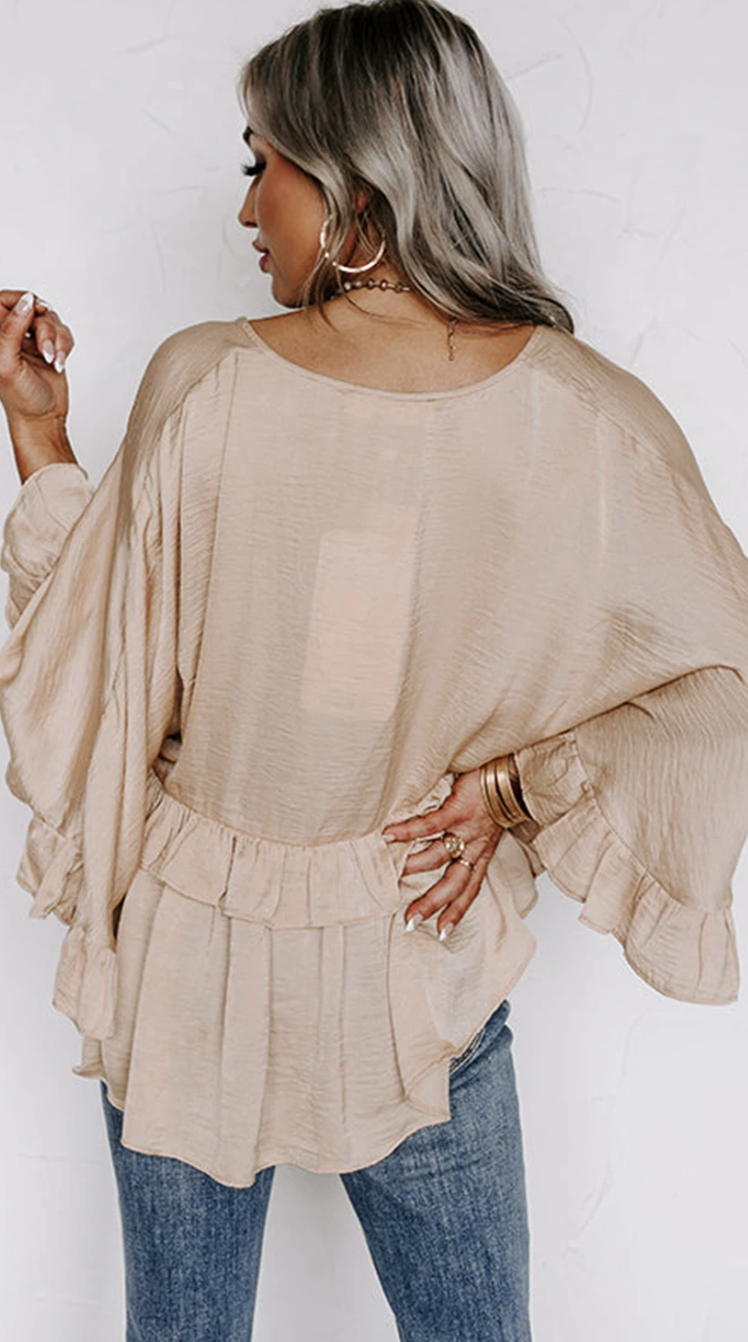 Draped Batwing Sleeve Ruffle Top