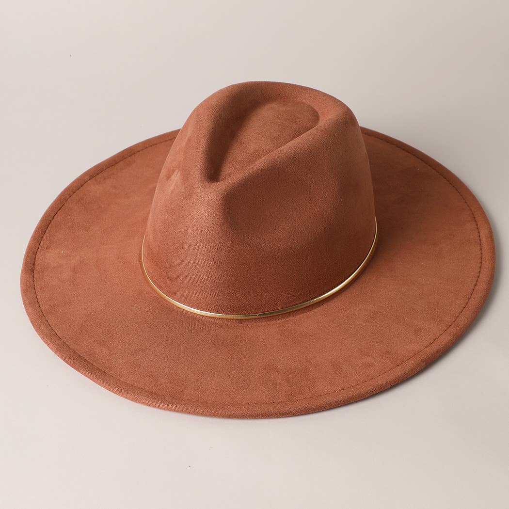 Gold Belt Wide Flat Brim Suede Fedora Hat