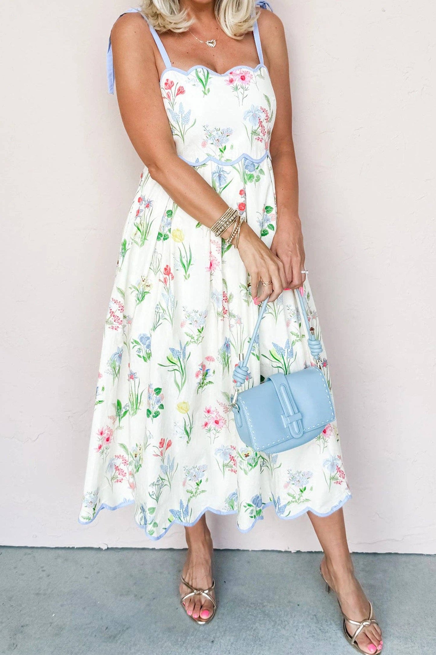 Beige Floral Print Contrast Trim Self-tie Straps Midi Dress