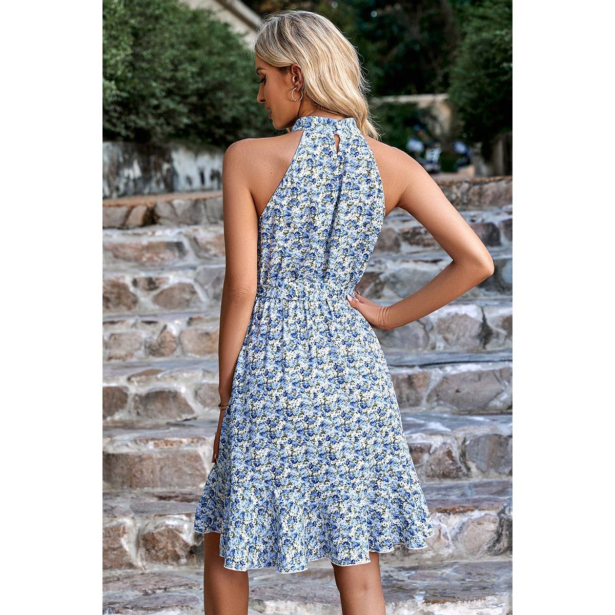 Floral Print Sleeveless Belt Cross Ruched Hem Dress