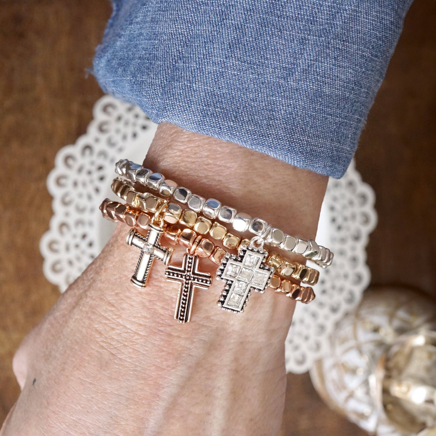 Cross stretchy western style bracelet set - Silver Gold tone