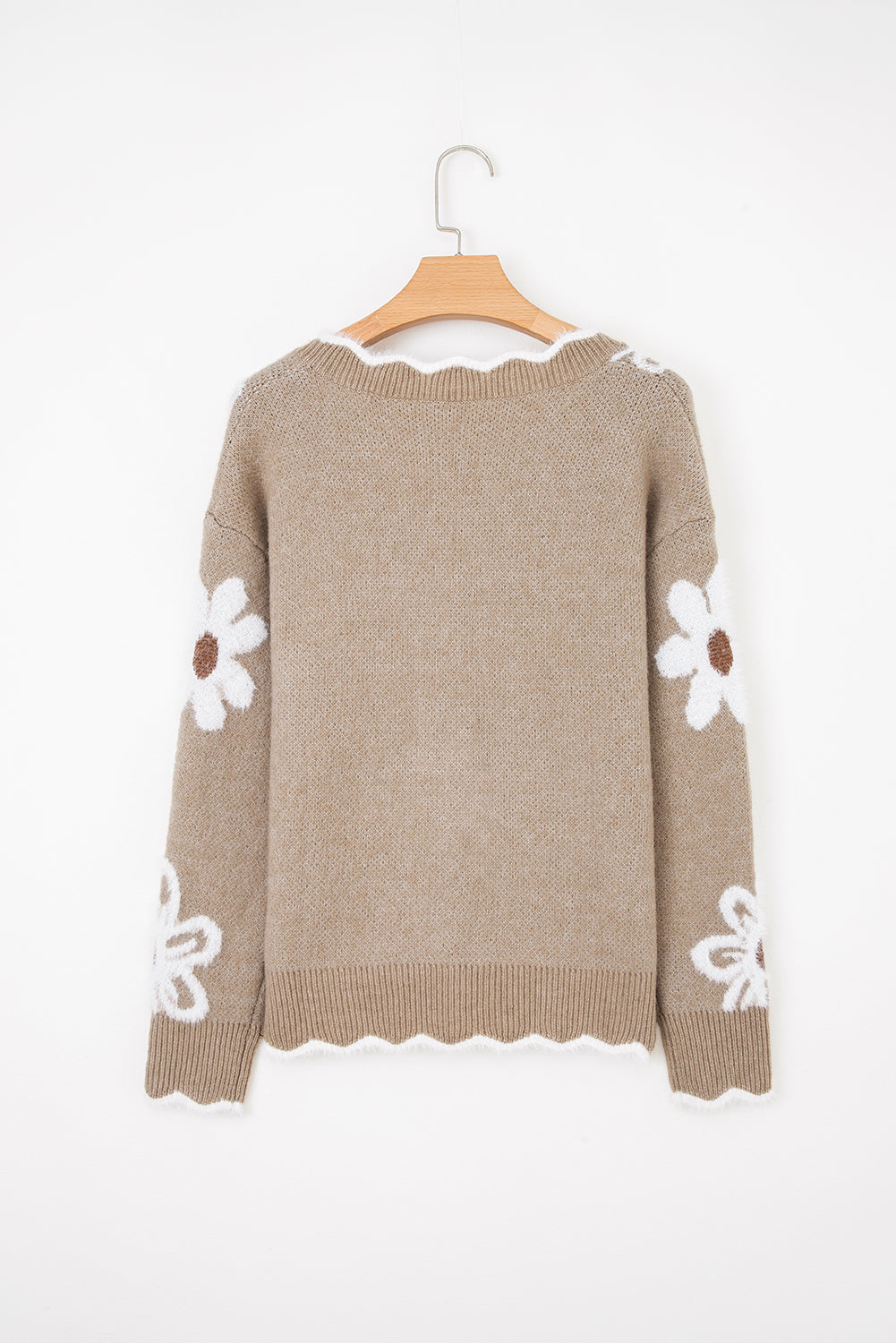 Smoke Gray Jacquard Floral Scallop V-neck Sweater