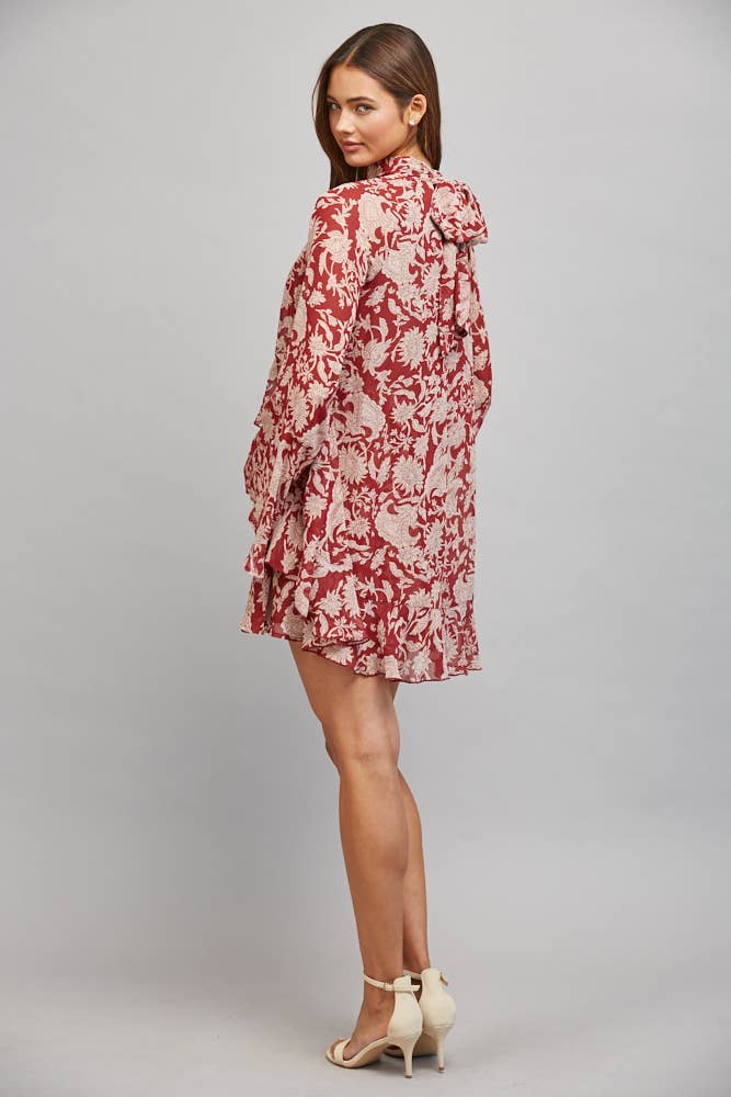 FLORAL PRINT WITH TIE BACK DETAIL RUFFLED PANEL FLOWY DRESS