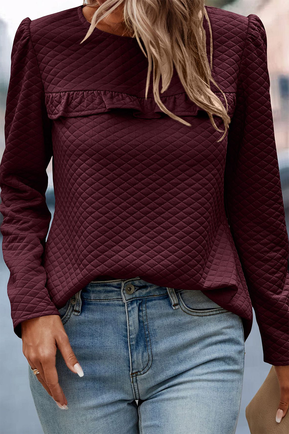 Quilted Button Back Puff Sleeve Sweatshirt