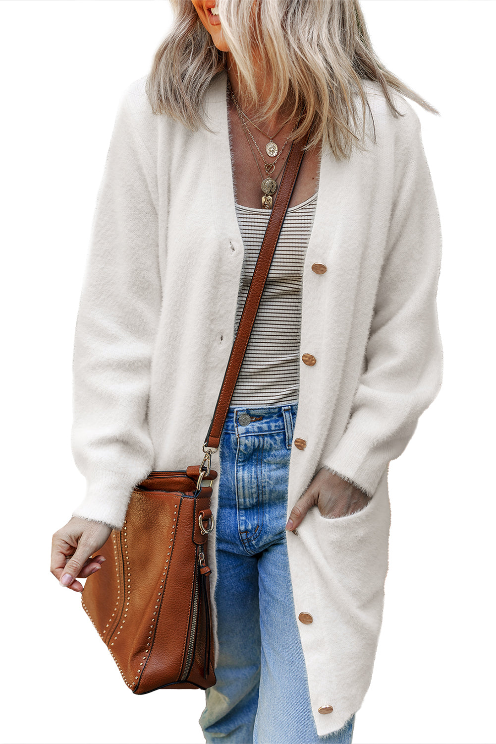 Smoke Gray Fuzzy Buttoned Front Midi Solid Cardigan